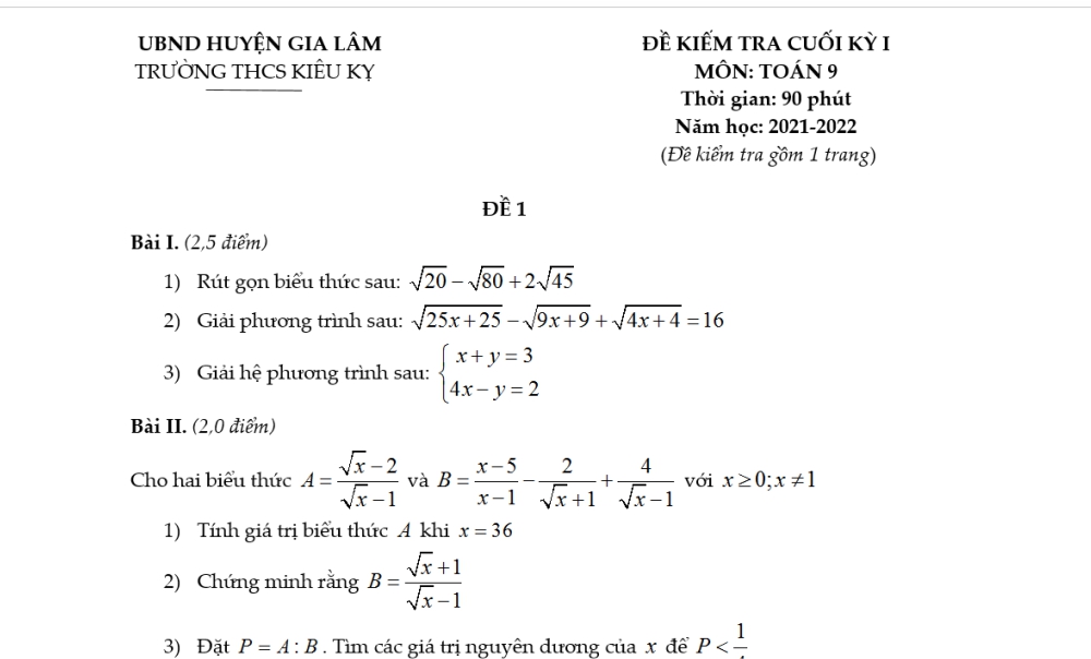 Toán 9: Đề kiểm tra cuối học kì 1. Trường THCS Kiêu Kỵ - Gia Lâm năm học 2021-2022